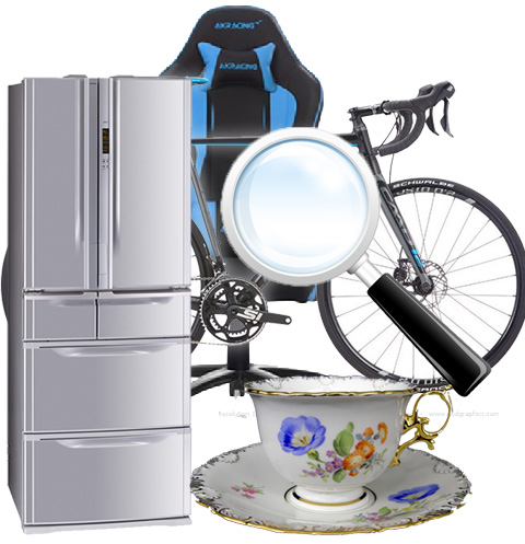 買取の品目の例。冷蔵庫、チェア、自転車、洋食器