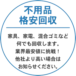 不用品格安回収。家具、家電、混合ゴミなど何でも回収いたします。業界最安値に挑戦!他社よりも高い場合はお知らせください。